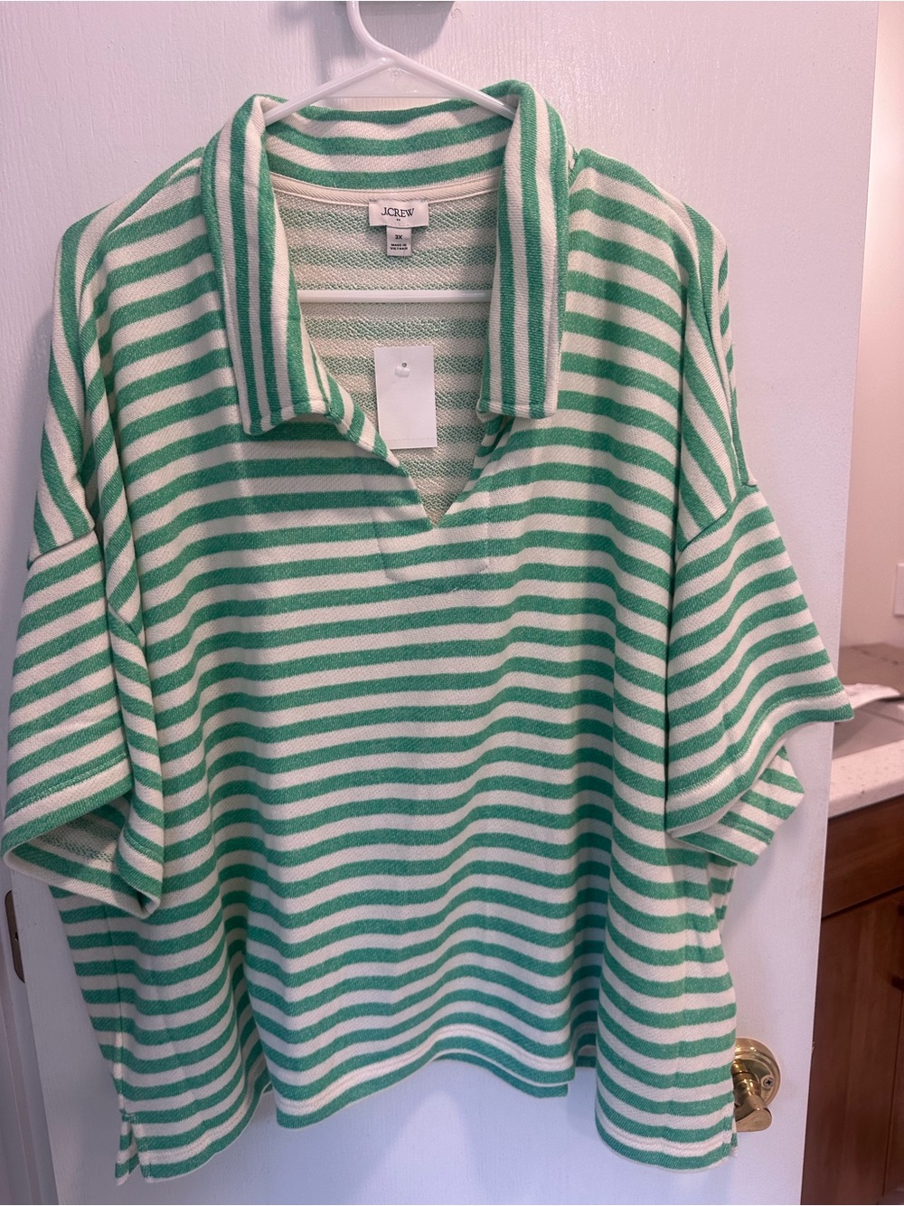 J. Crew Green and White Striped Polo Top